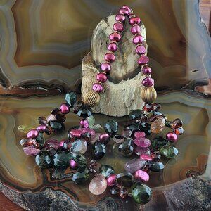 Joseph Williams Multi Color Tourmaline Gemstone & Pink Freshwater Pearl Necklace